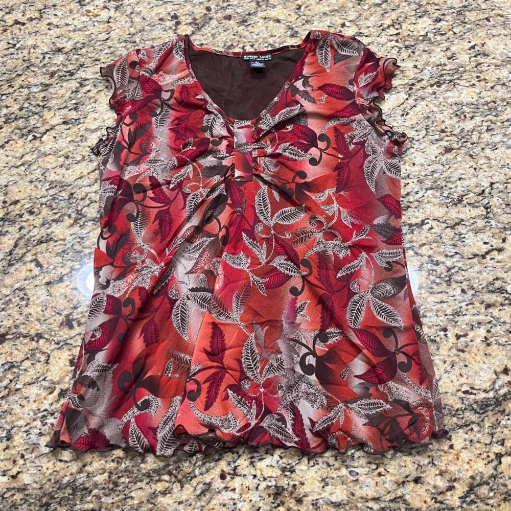Robert Louis Red Brown Leaf Print Mesh V-Neck Sleeveless Top‎ L Lettuce Edge